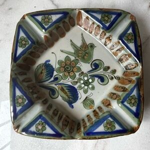 Vintage Folk Art Mexican Tonala El Palomar Pottery Square Ashtray